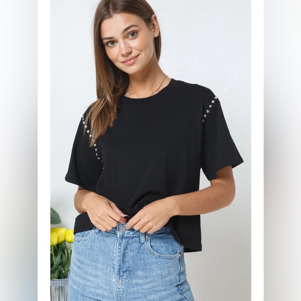 NWT! Black Studded Crop Tee